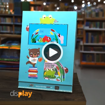 Een A4 plexiglas display met videoscherm op de toonbank
